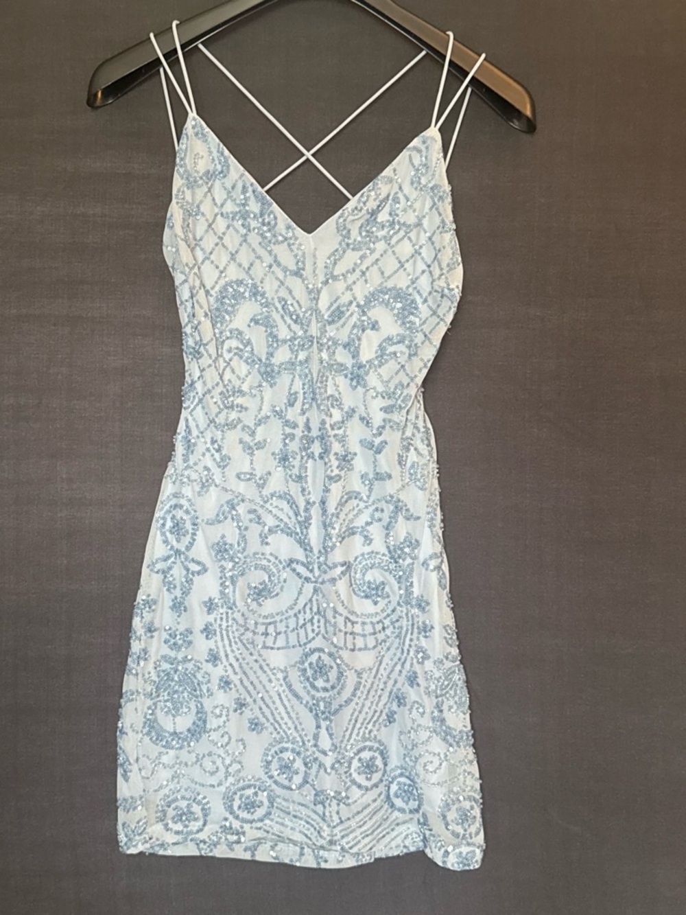 Windsor Light Blue Beaded Spaghetti Strap Mini Dress